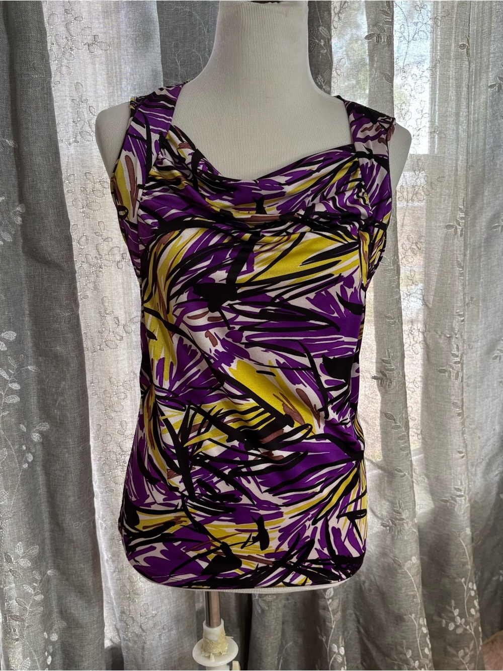 Apt. 9 Purple, Yellow & Black Abstract Sleeveless Drape Neck Tank